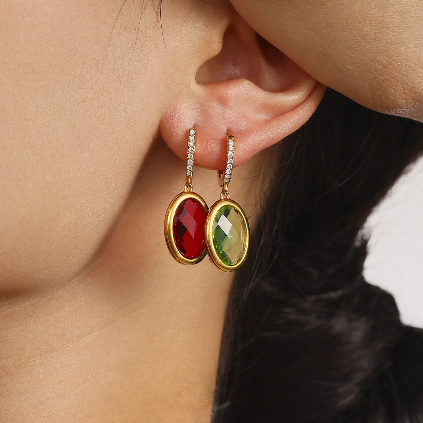Multi Faceted Oval Czech Glass Full Diamond Earrings