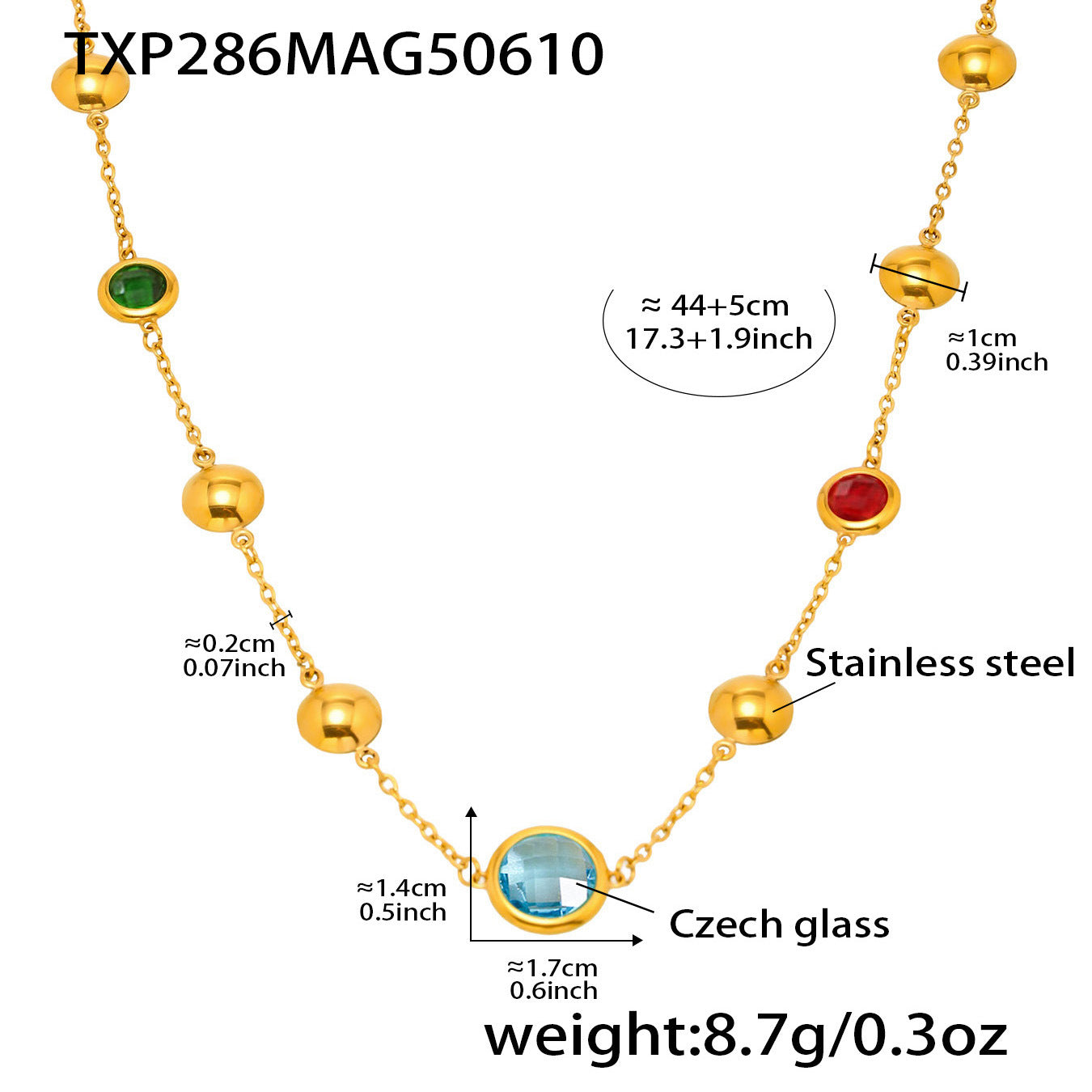 Gold necklace with colored beads and measurements on a white background