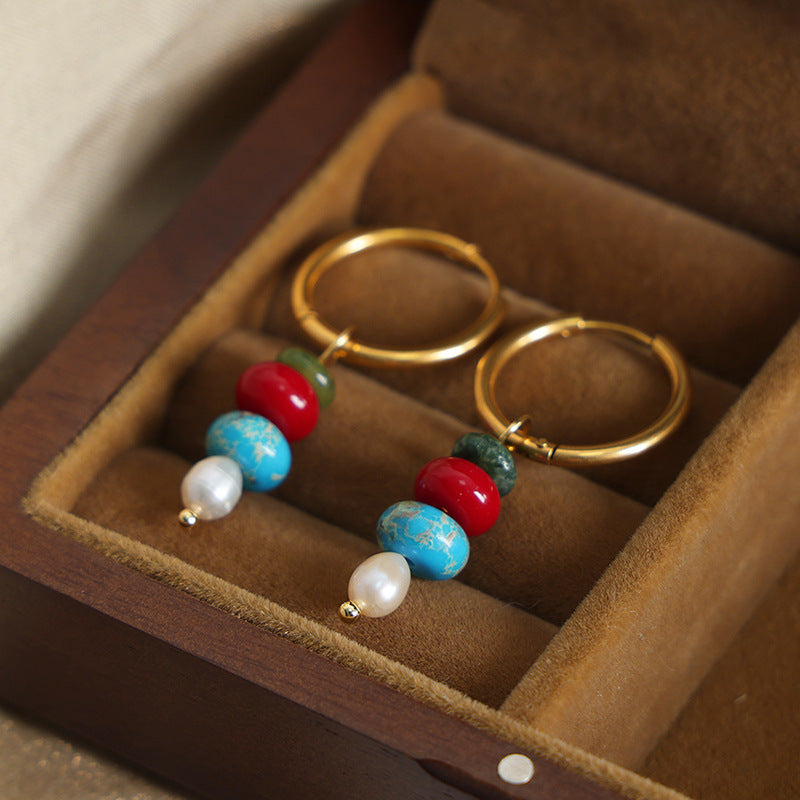 Pendientes de cuentas de ábaco de piedra natural estilo europeo | Acero de titanio chapado en oro