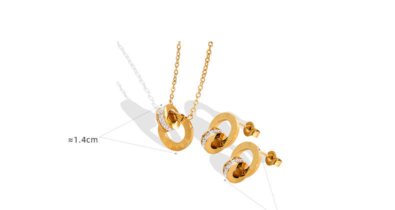 Diamond Double Round Earrings Necklace Jewelry Set