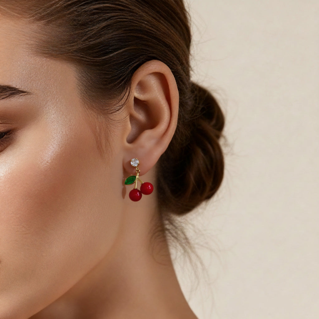 Oil-dripped Red Cherry Earrings Inlaid With Zircon Stainless Steel