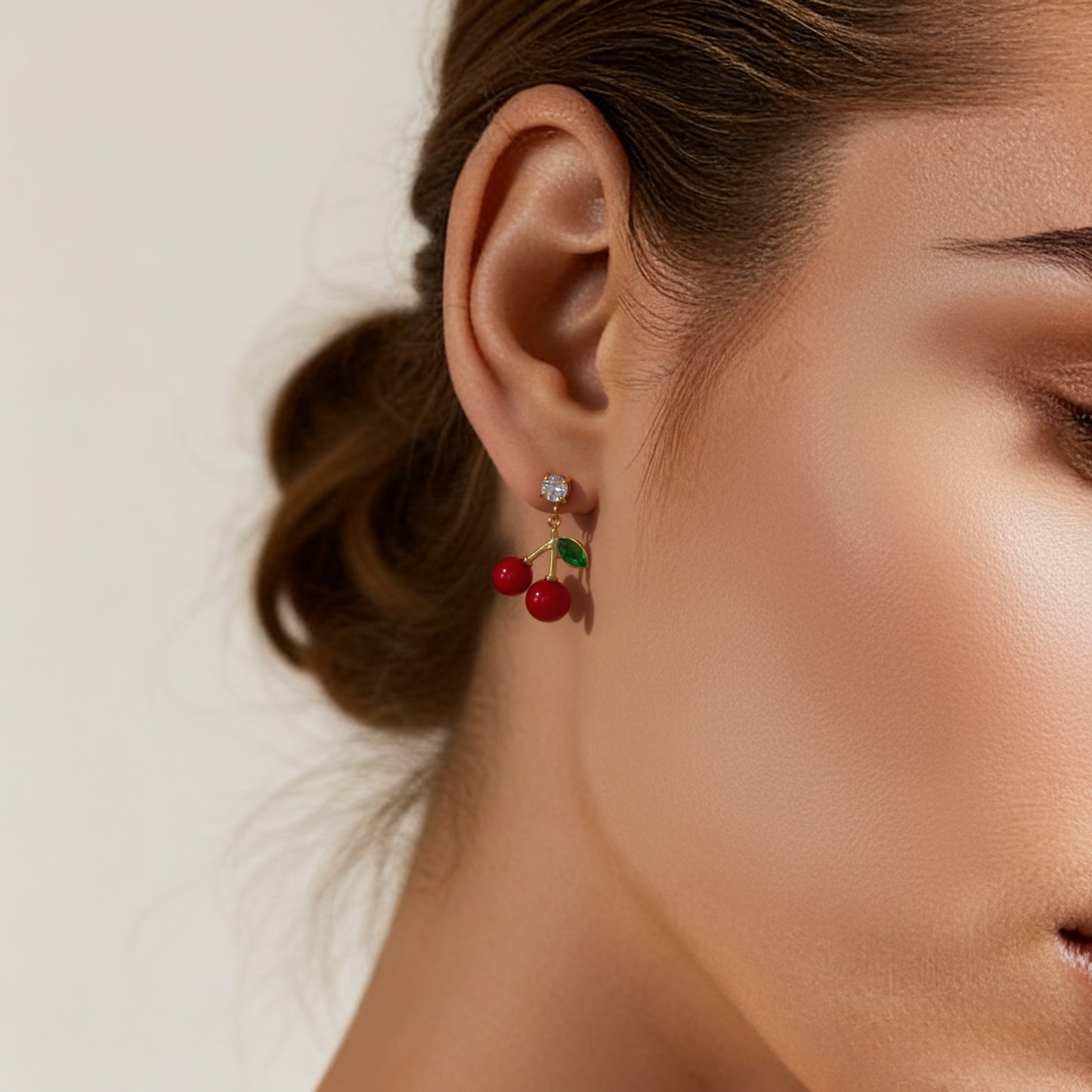 Oil-dripped Red Cherry Earrings Inlaid With Zircon Stainless Steel