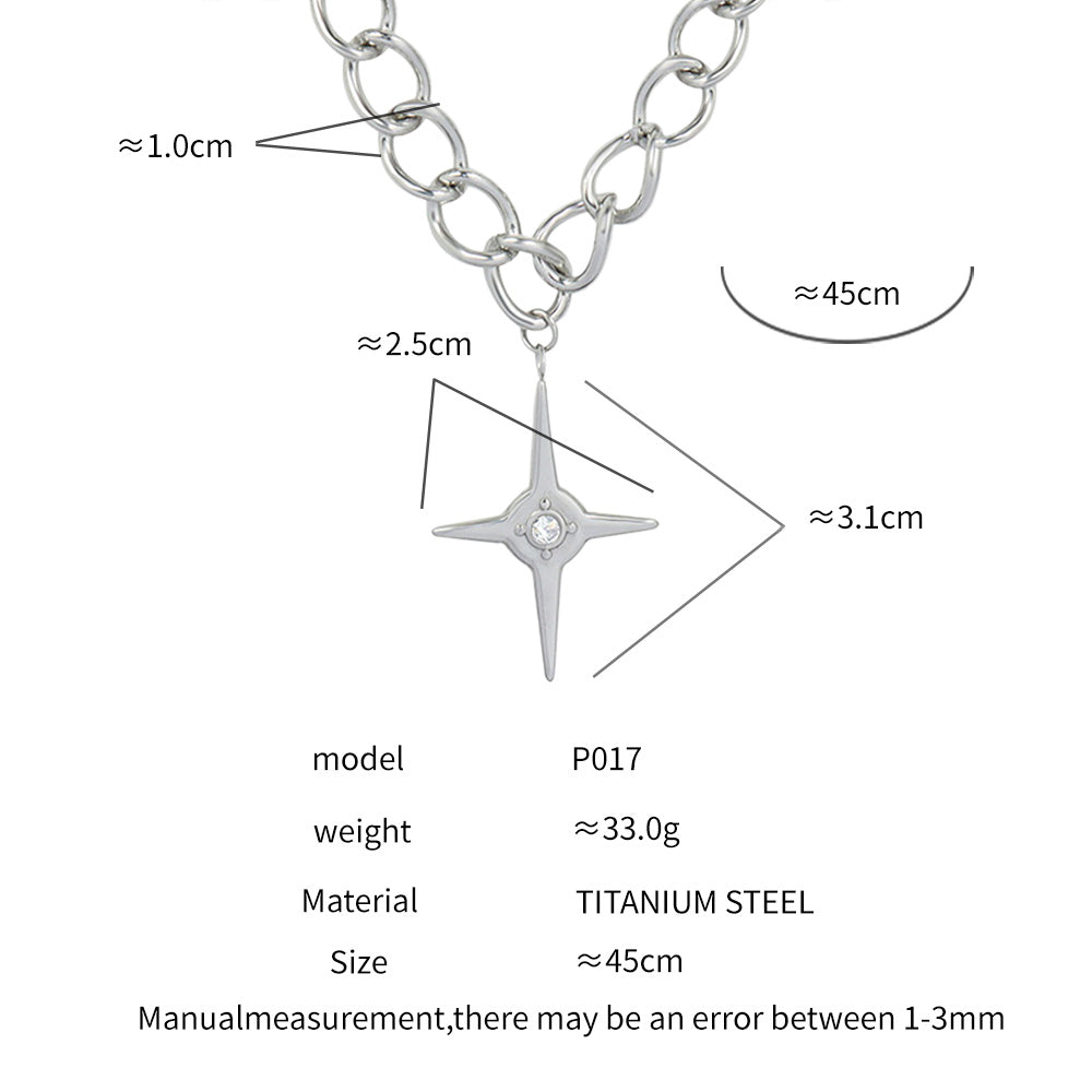 Silver necklace with star pendant and measurement details on a white background