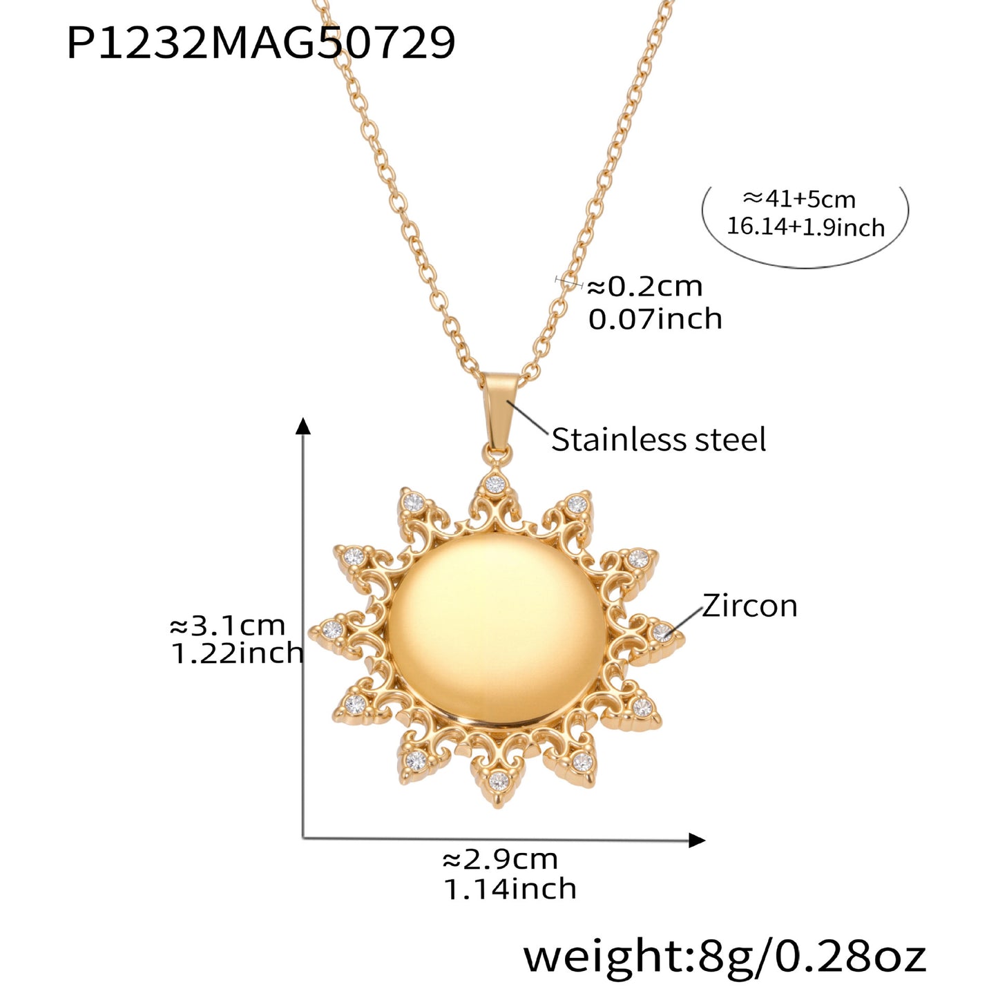 Gold sun-shaped pendant necklace with measurements and material details on a white background