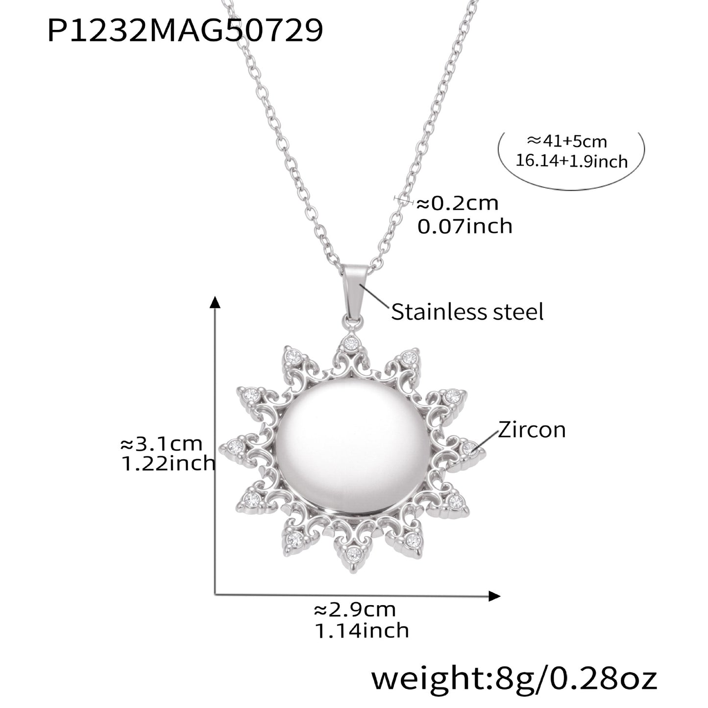 Silver necklace with a sun-shaped pendant, labeled with measurements and material details.