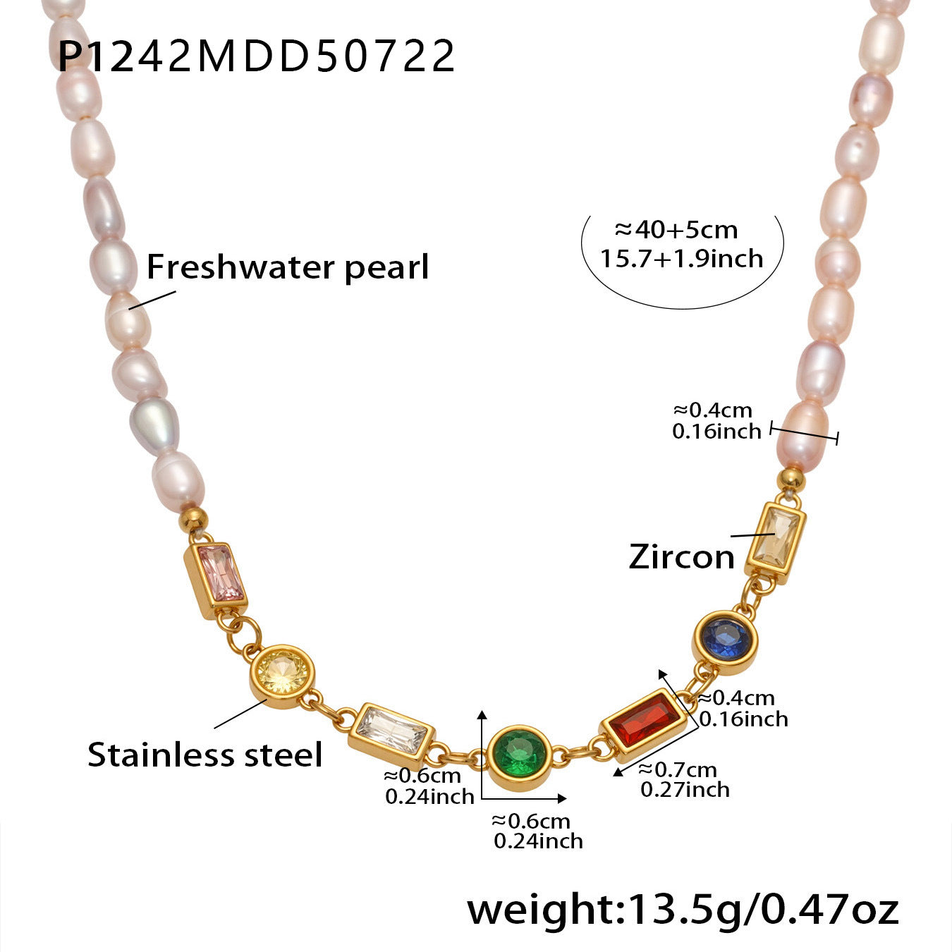 Pearl necklace with zircon and stainless steel components, labeled for measurement and material details.