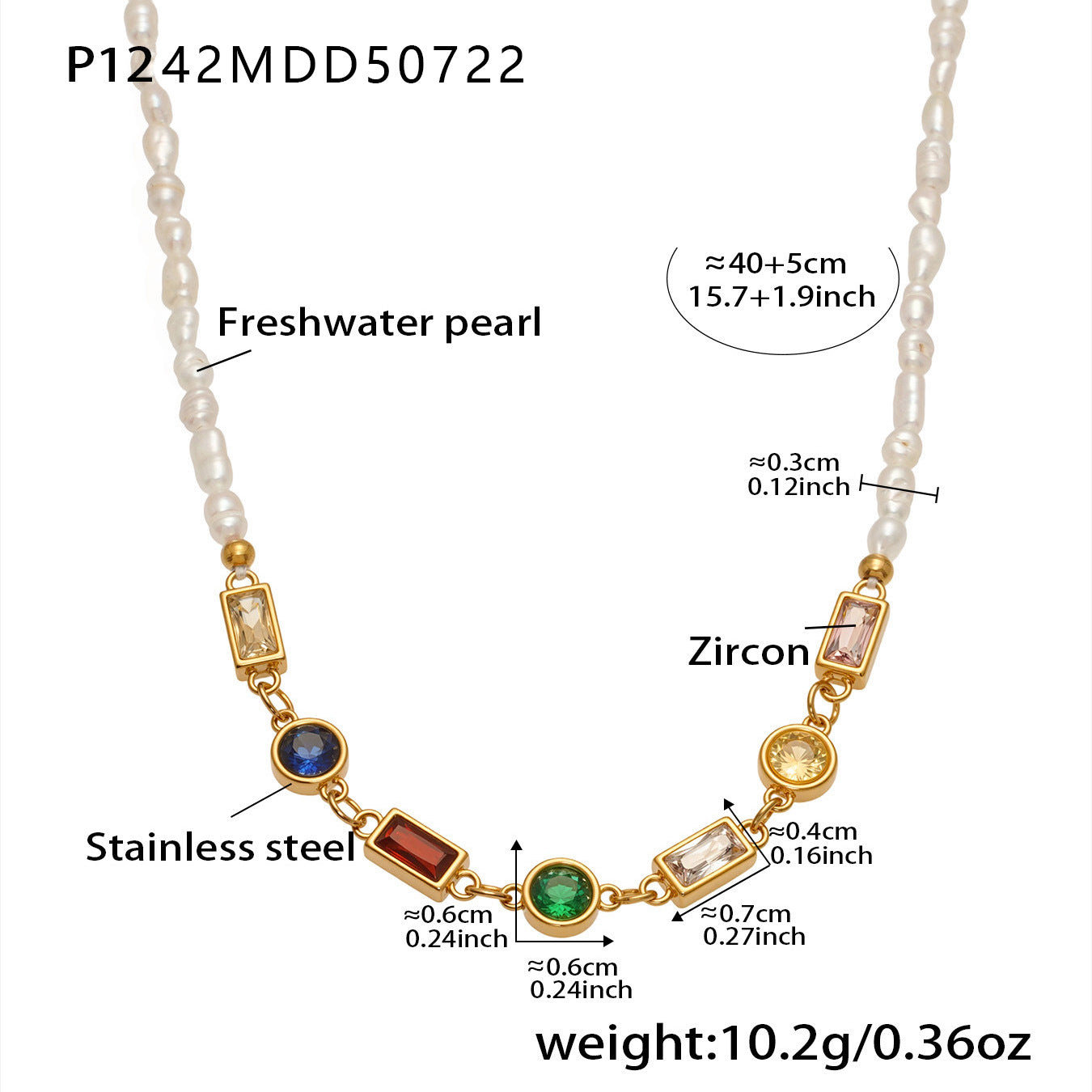 Pearl necklace with zircon and stainless steel elements, labeled for measurement and material details.