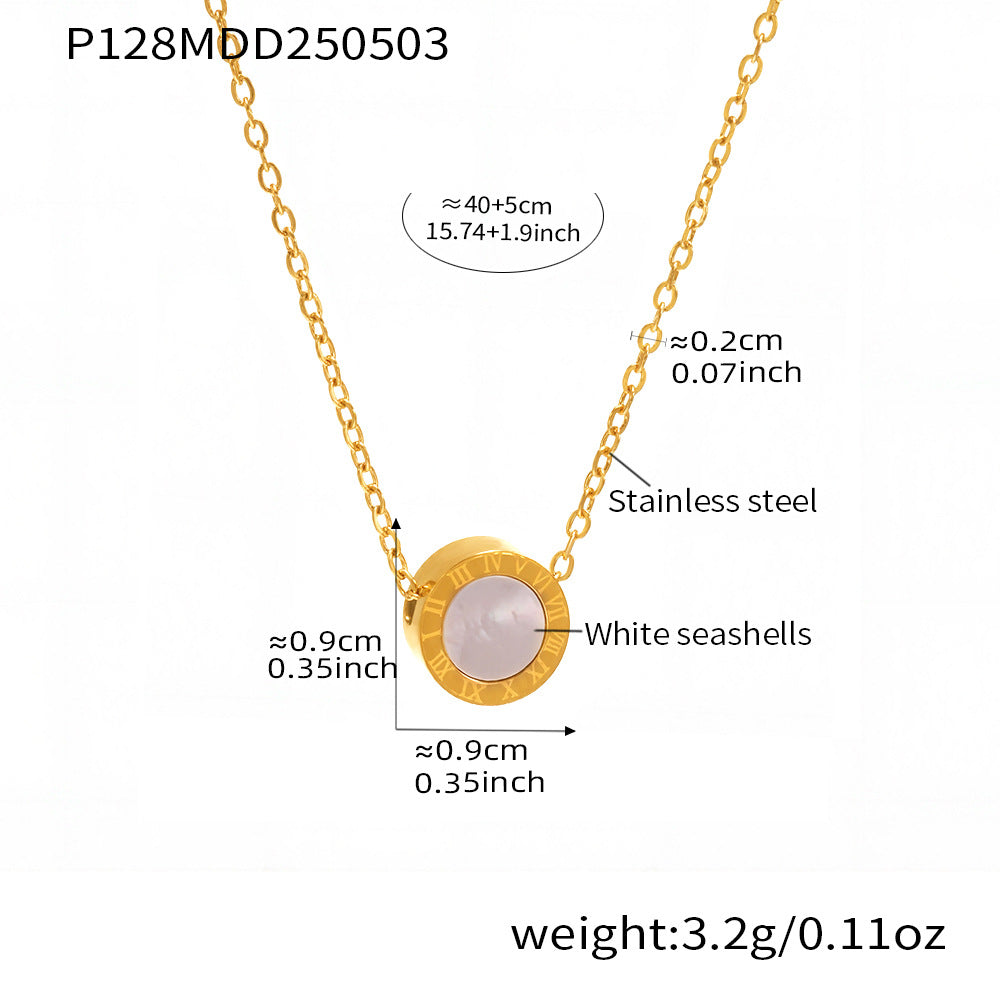 White Sea Shell Black Acrylic Roman Numeral Stainless Steel Necklace