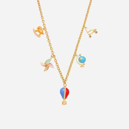 Gold necklace with colorful pendant on a white background