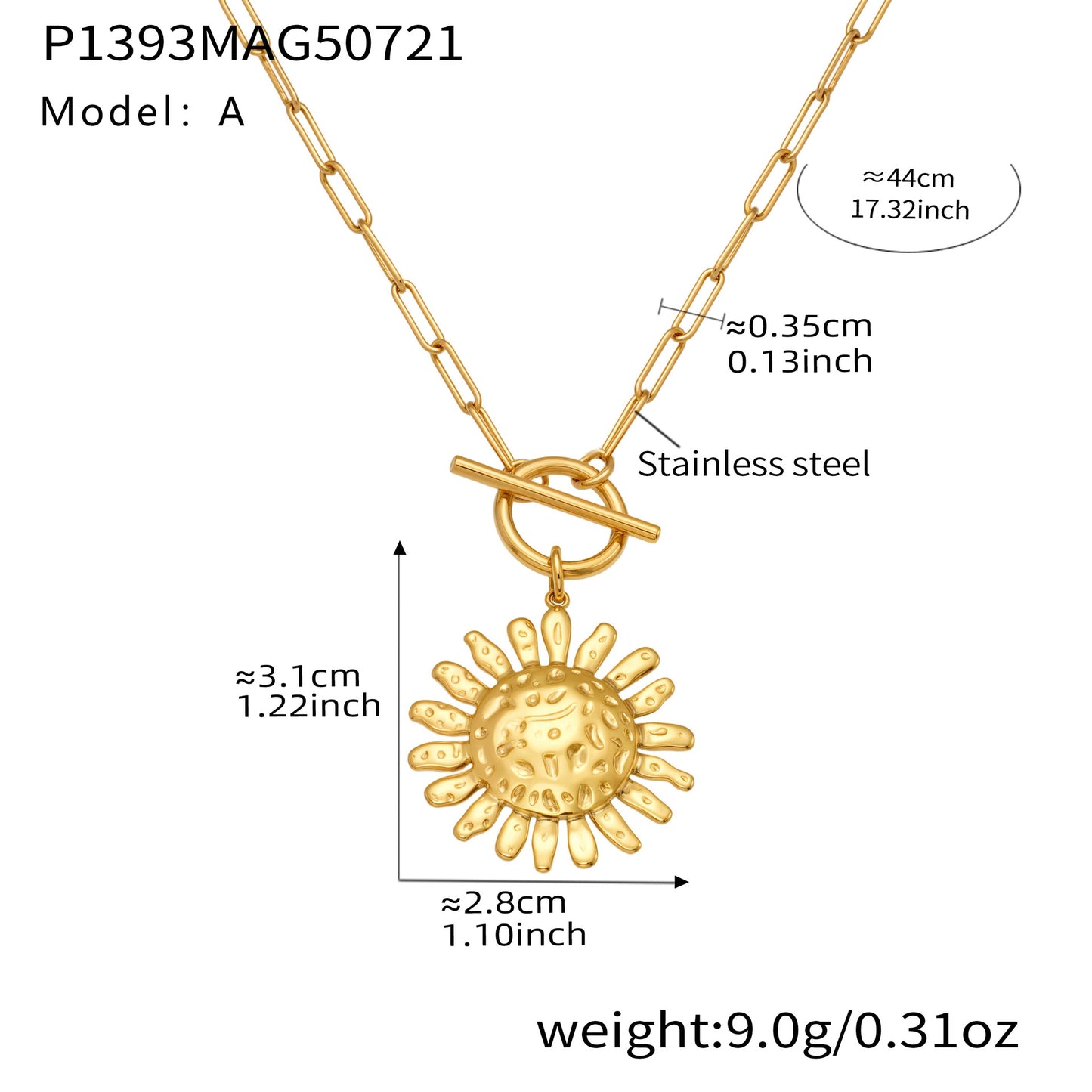 Gold necklace with sun pendant and measurement details on a white background