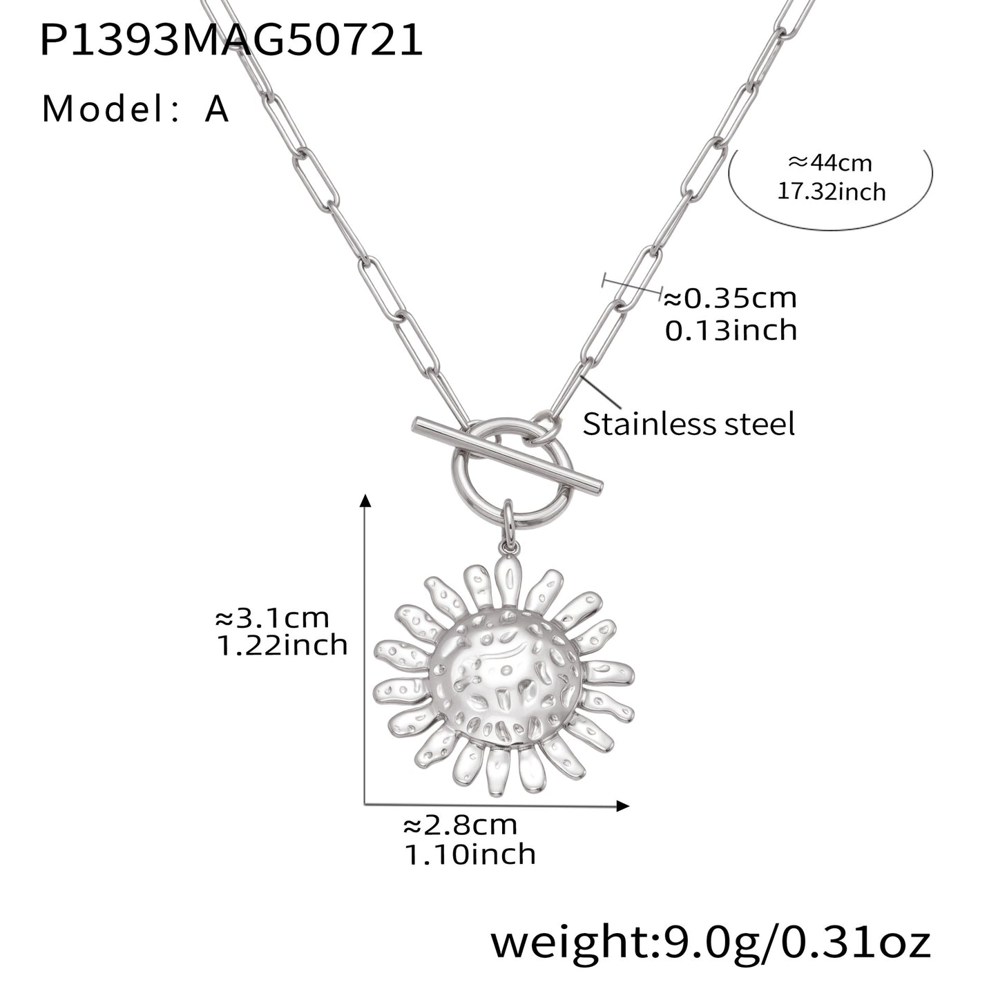 Measurement chart of a silver necklace with sunflower pendant on a white background