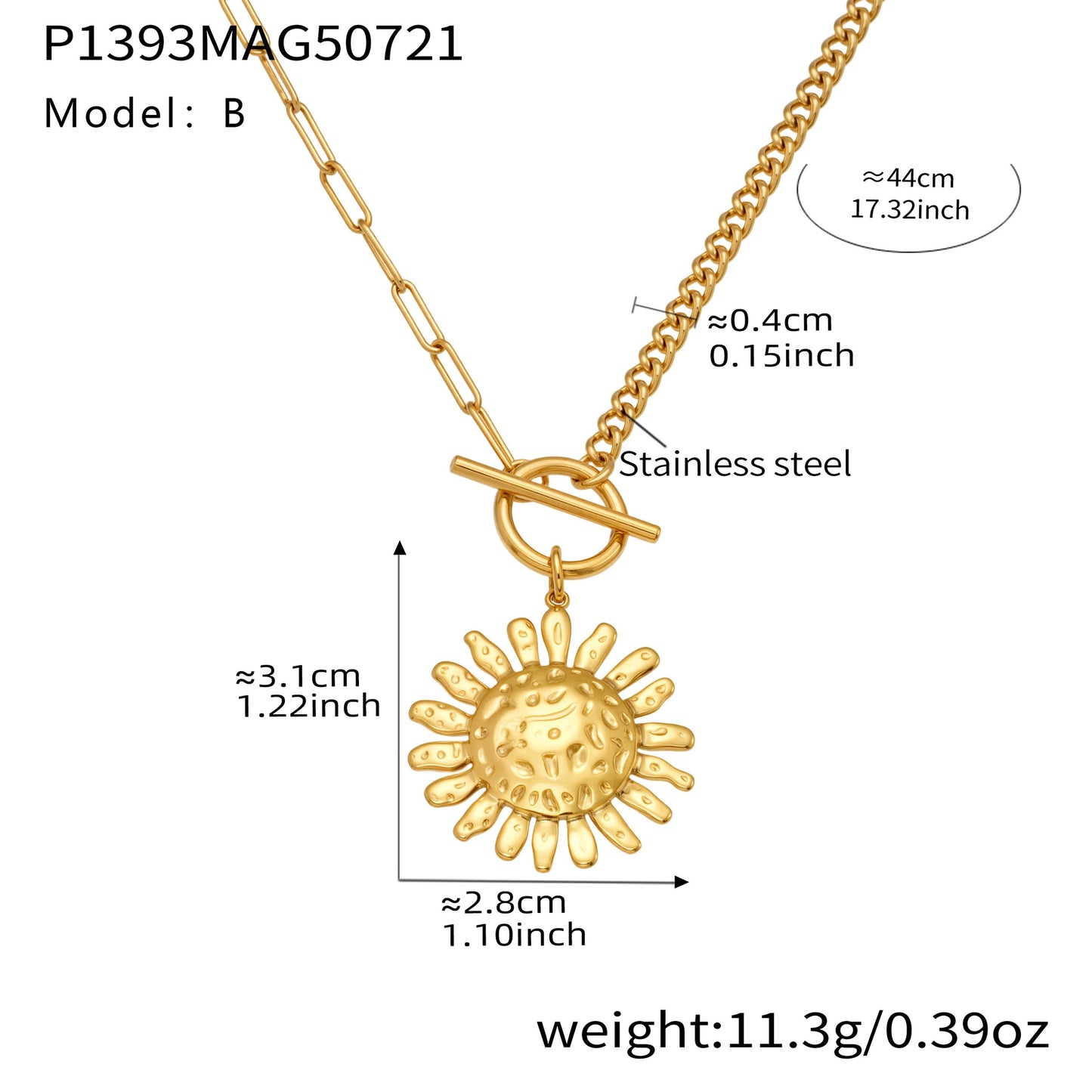 Gold necklace with sun pendant and measurement details on a white background
