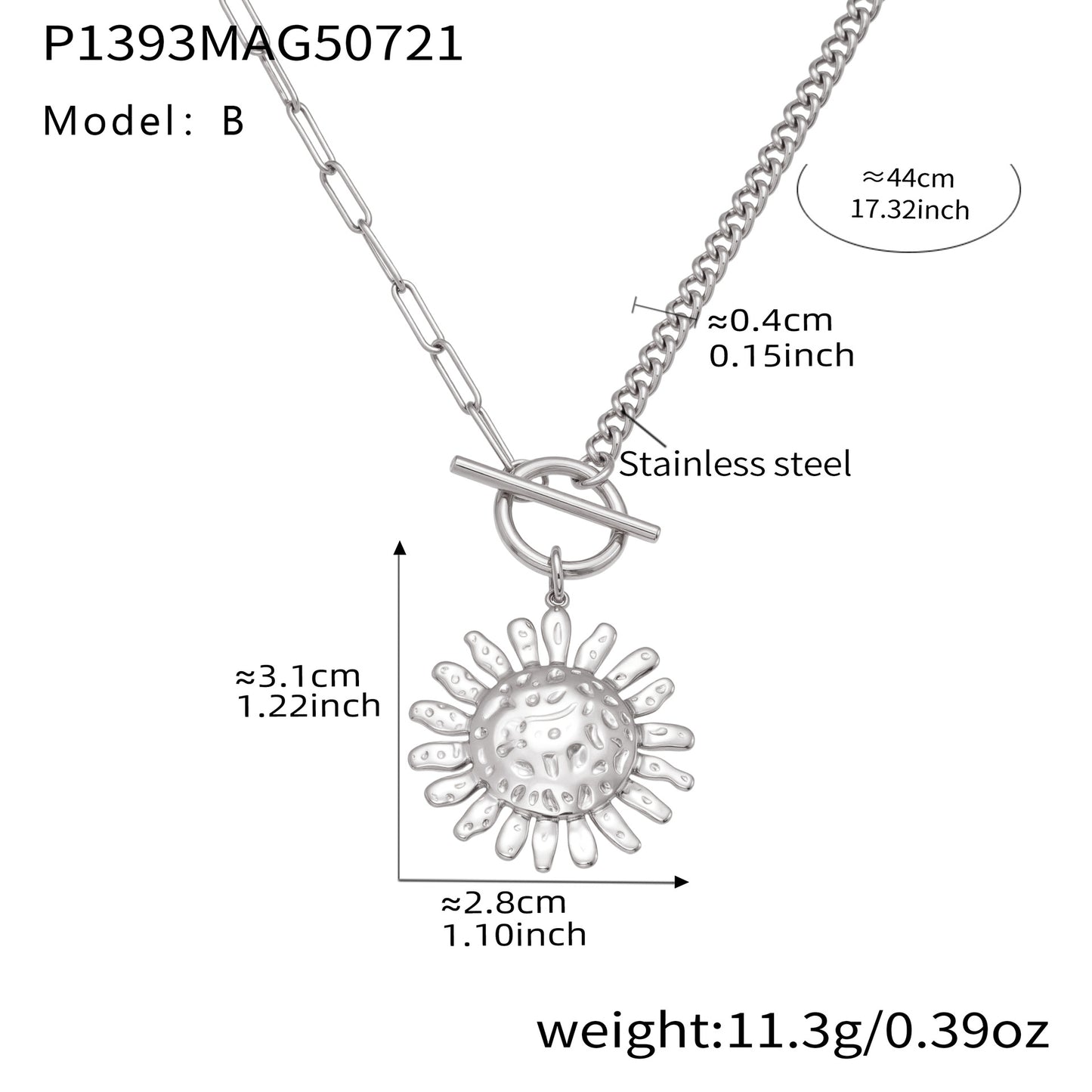 Measurement chart of a silver necklace with sunflower pendant on a white background