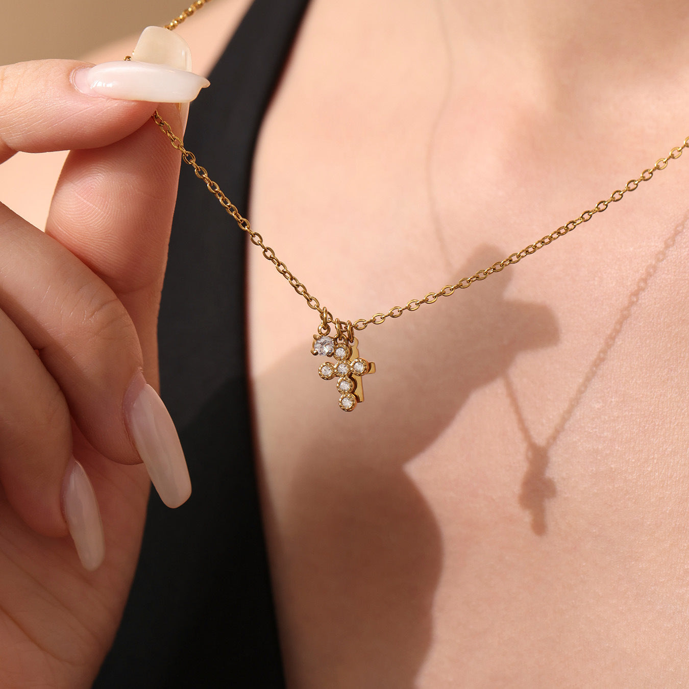 Model wearing 5A Zircon Gold Cross Necklace - Elegant Faith Jewelry for Women