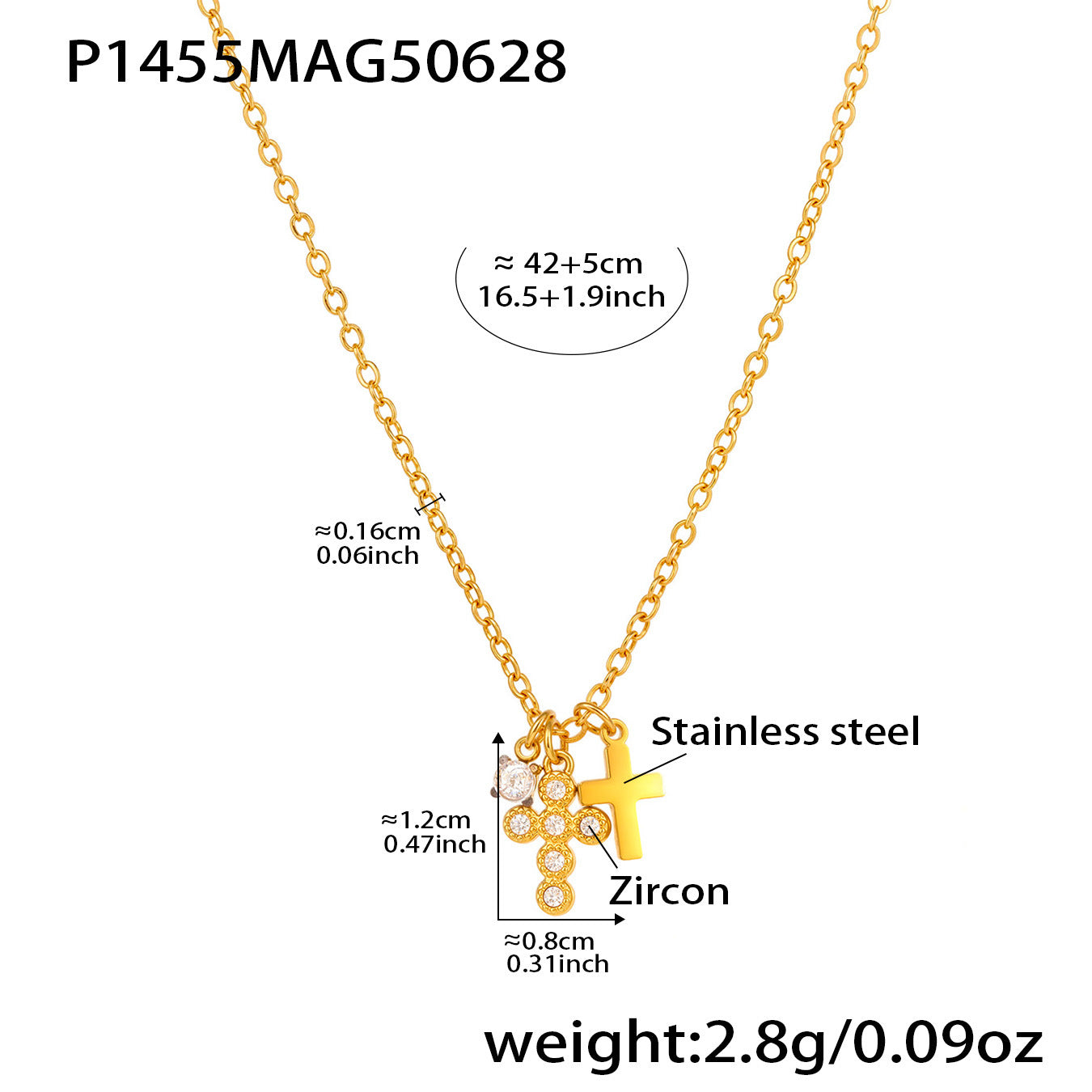 Size details of 5A Zircon Cross Necklace - Gold Version 42+5cm