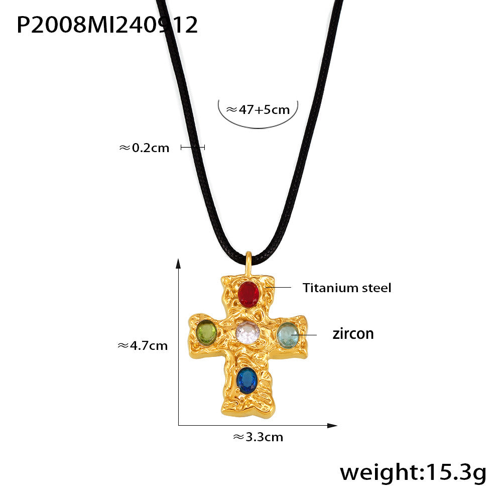 Gold cross pendant necklace with colored stones on a white background, showing measurements and material details.