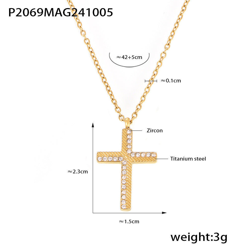 Gold cross necklace with zirconia stones, showing dimensions and material details on a white background.