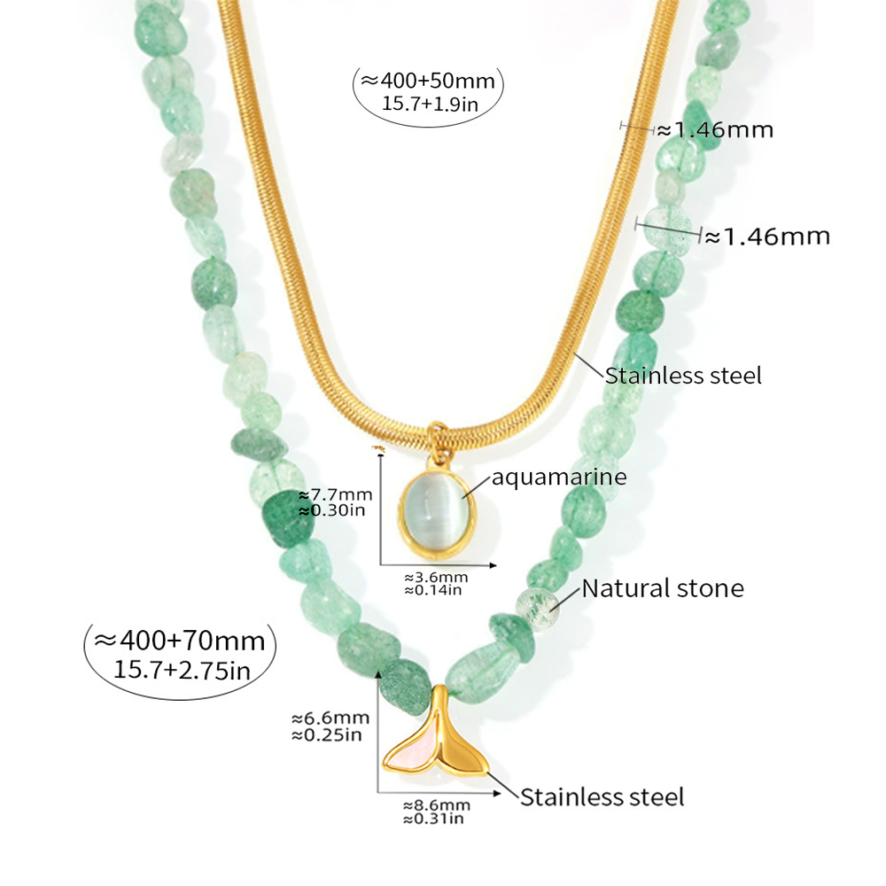 Green beaded necklace with gold accents and measurements on a white background