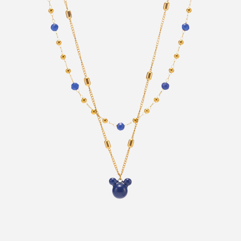 Gold natural stone necklace and gold bear charm necklace 41+5cm displayed on white background