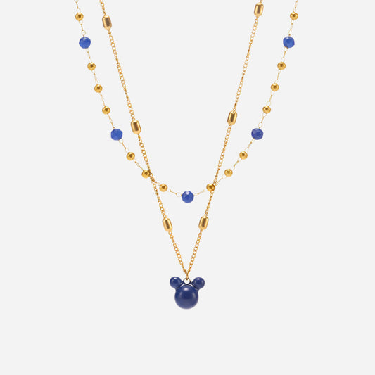 Gold natural stone necklace and gold bear charm necklace 41+5cm displayed on white background