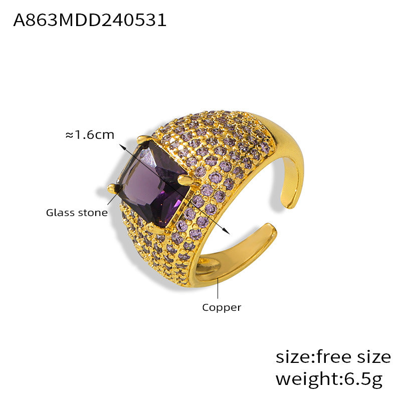 INS style Adjustable open ring Copper plated 18K gold colored zircon ring