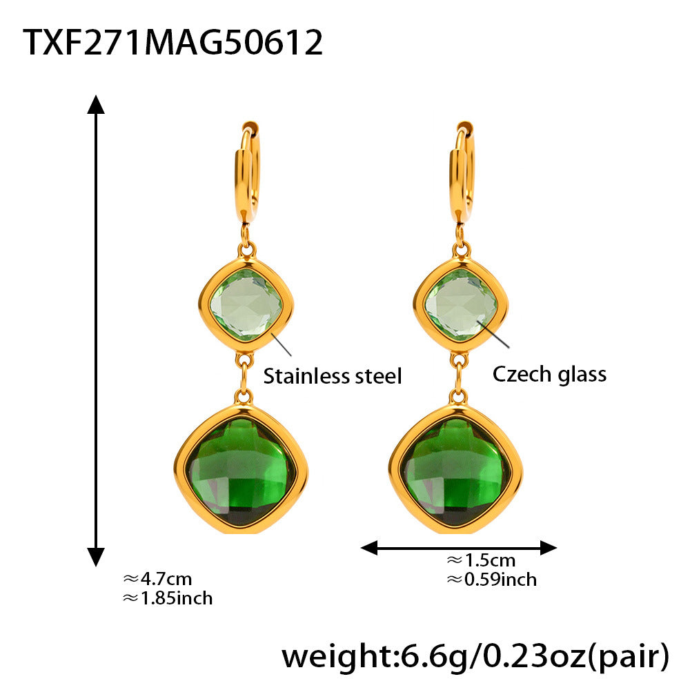 Green gemstone drop earrings in waterproof stainless steel gold finish
