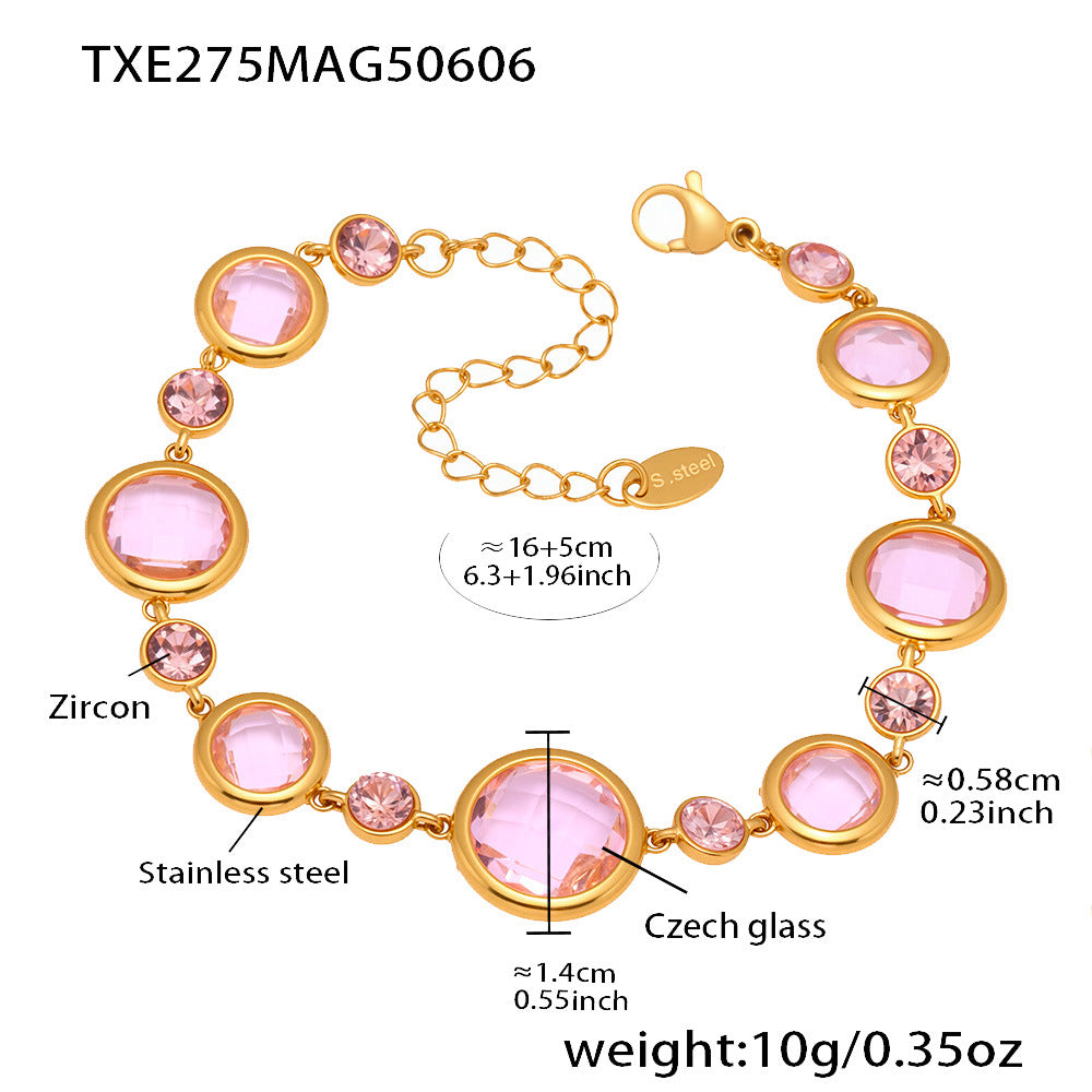 Pink sea glass bracelet on white background with sizing
