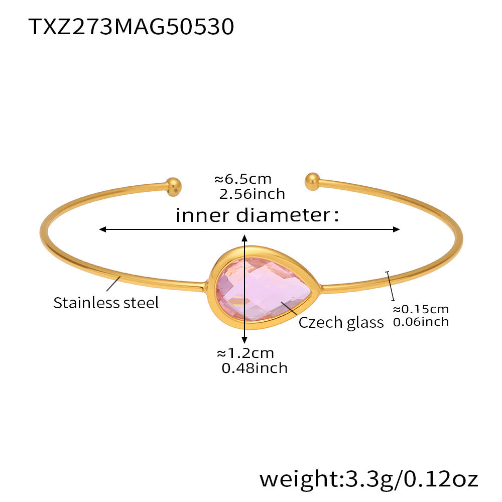 TXZ273 bracelet with imported pink Czech glass on gold stainless bangle