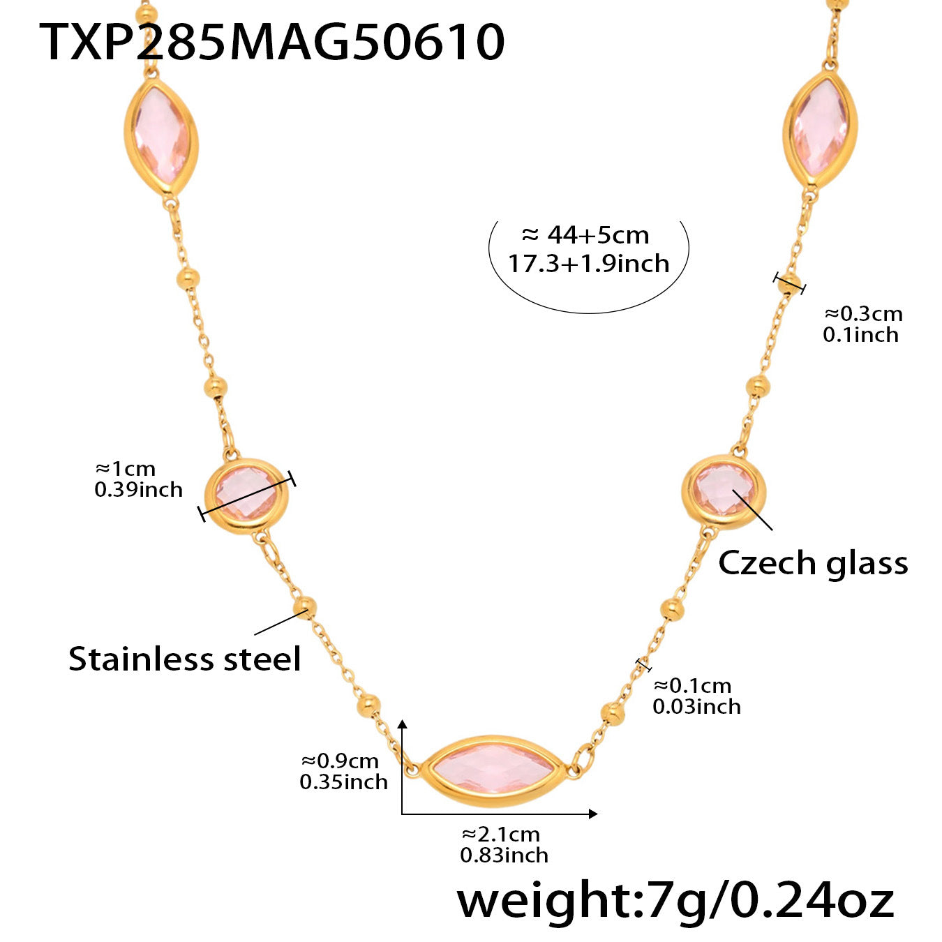 Pink sea glass necklace size chart with gold chain