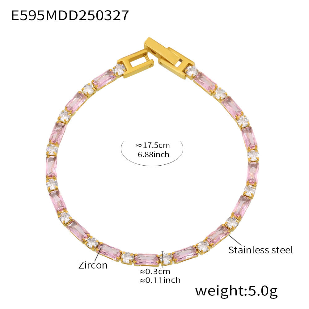 Pink zircon tennis bracelet with gold clasp – elegant stainless steel design