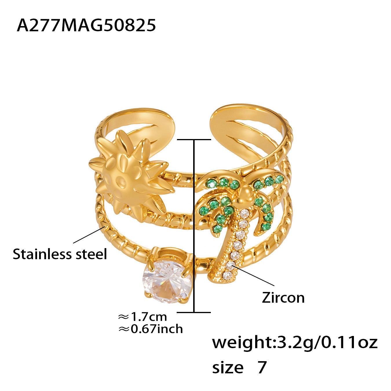 5A Zircon Stainless Steel Multi-layer Opened Rings