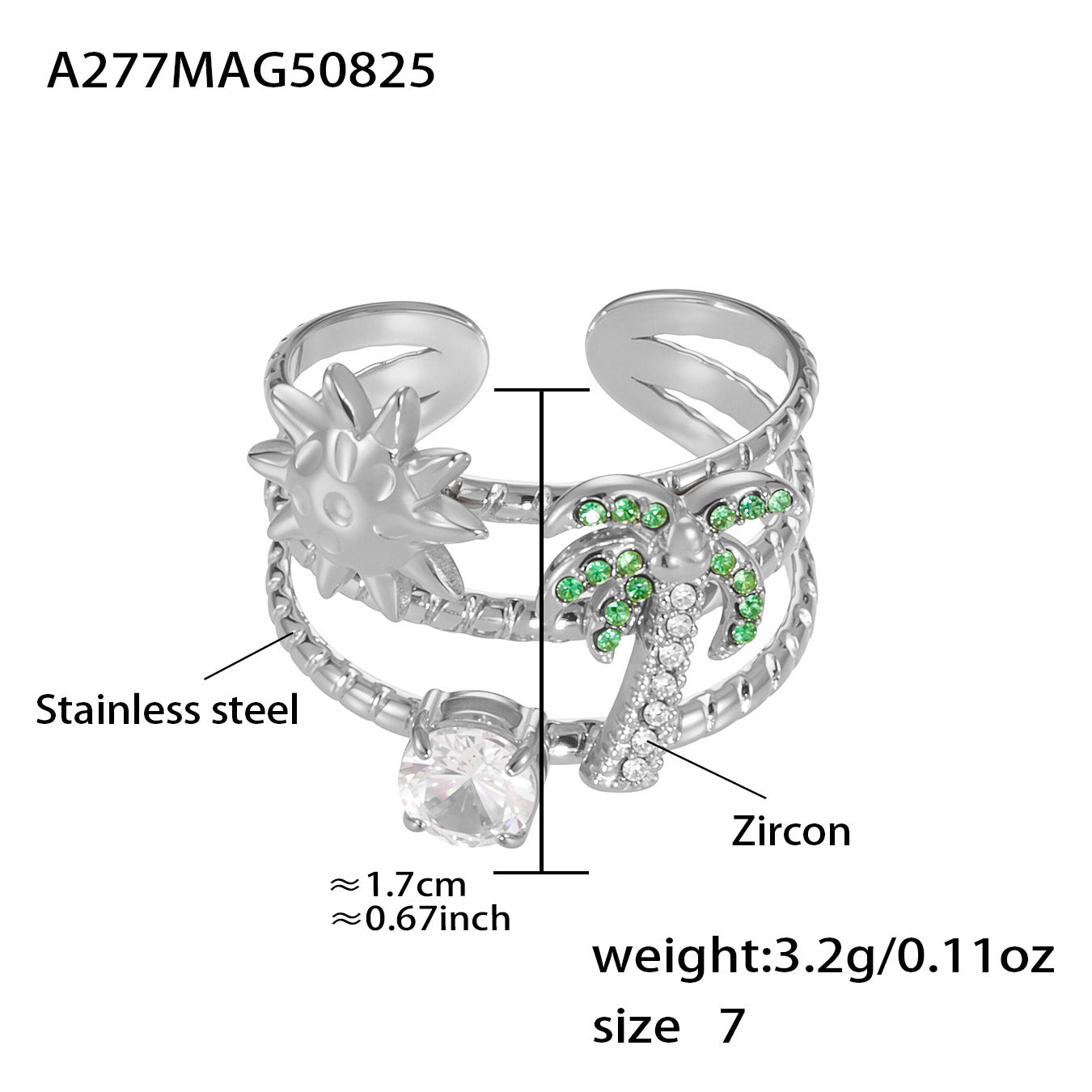 5A Zircon Stainless Steel Multi-layer Opened Rings