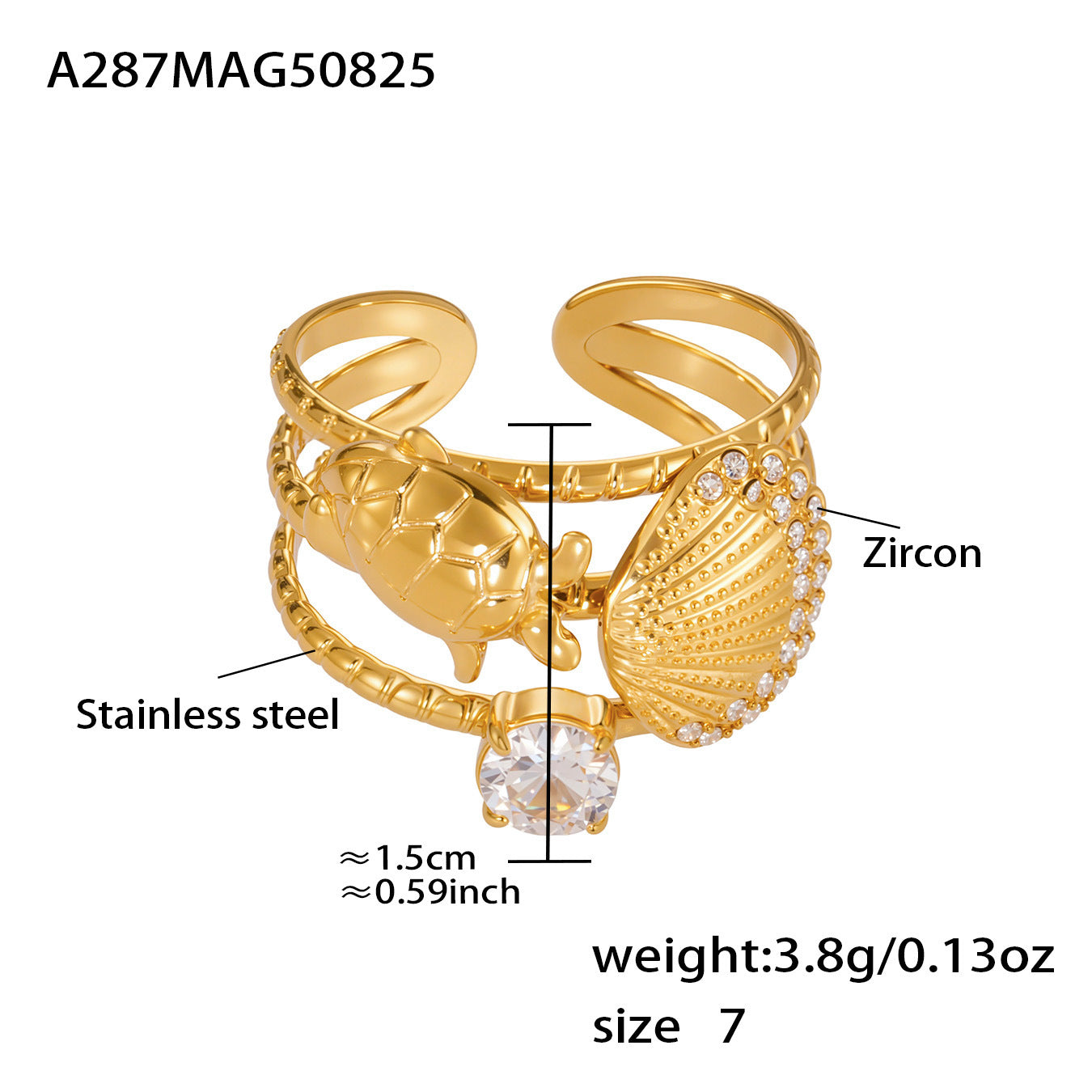 Stainless Steel Zircon Shell Rings Adjustable