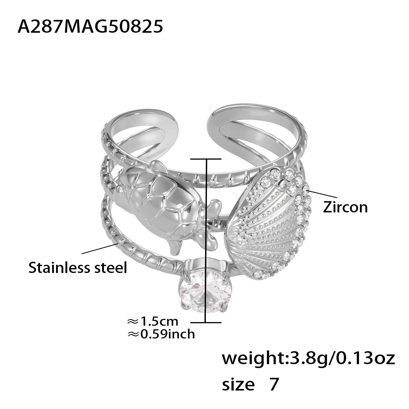 Stainless Steel Zircon Shell Rings Adjustable