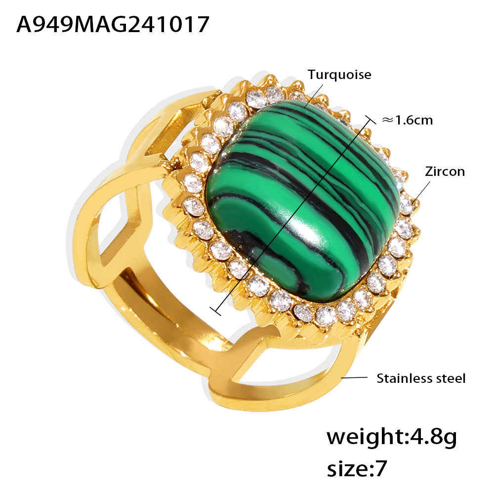 3A Zirconia Inlaid Natural Stone Open Ring Stainless Steel