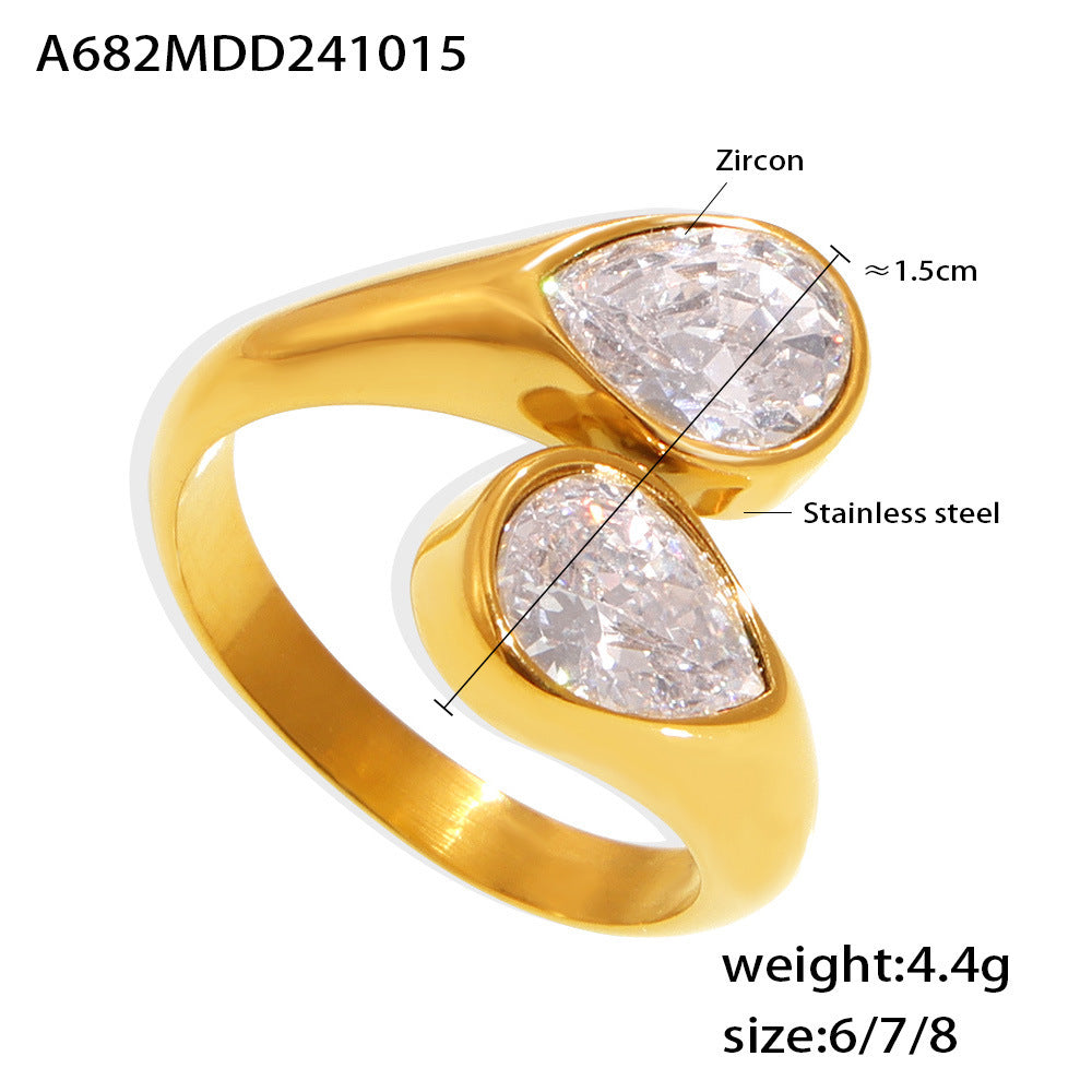 3A Zircon Double Drop Ring – Adjustable Stainless Steel