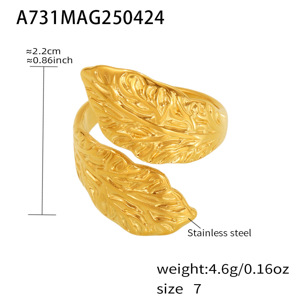 Stainless Steel Leaf Texture Open Ring Women