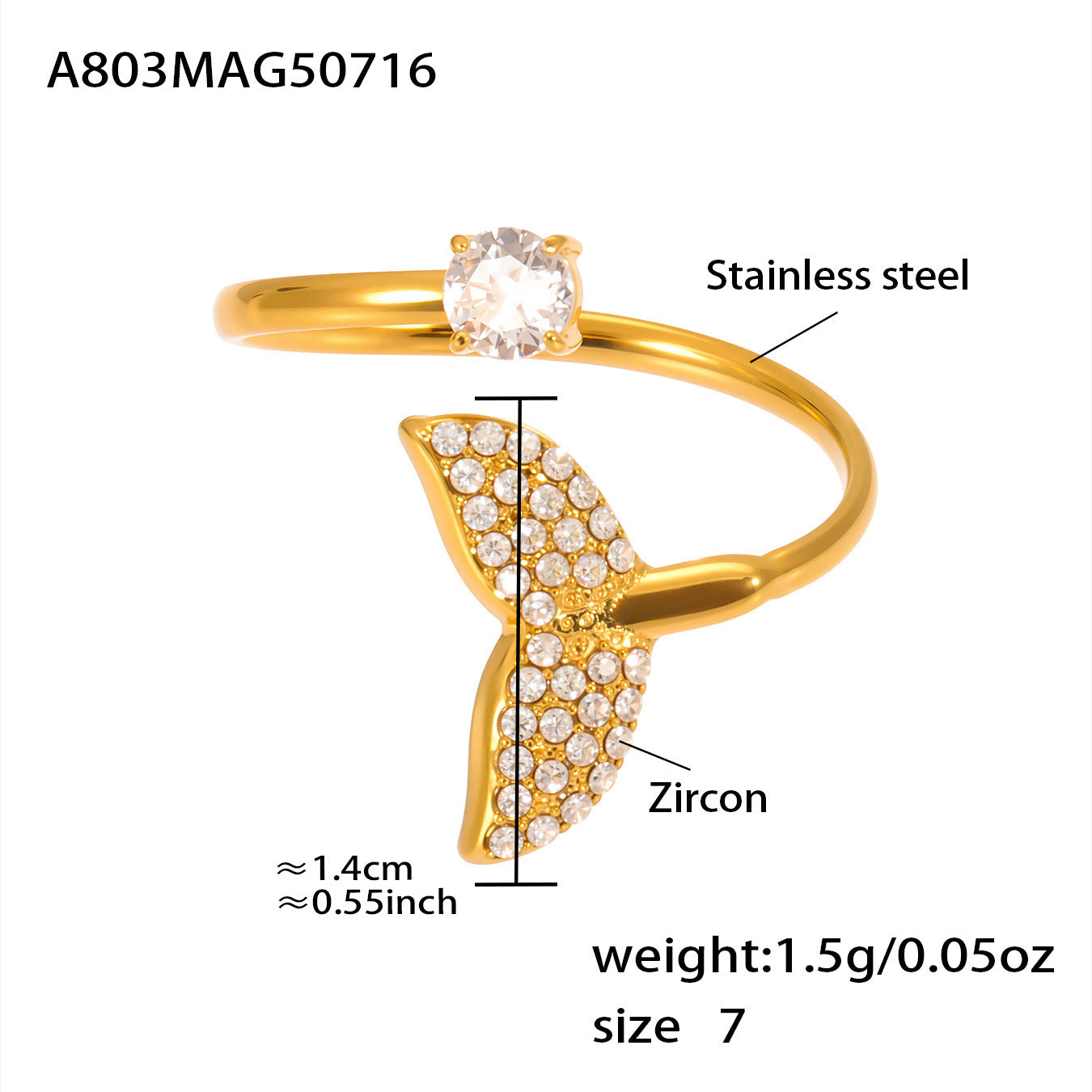 Gold Starfish Shell Zircon Open Index Finger Ring
