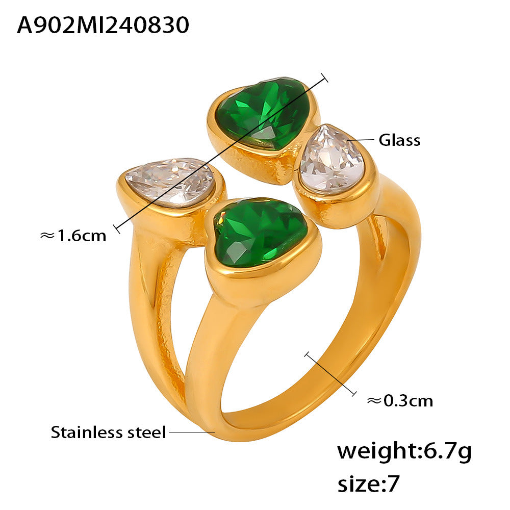 Double-Layer Love Water-Drop Glass Stone Stainless Steel Ring