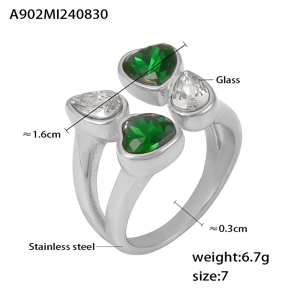Double-Layer Love Water-Drop Glass Stone Stainless Steel Ring