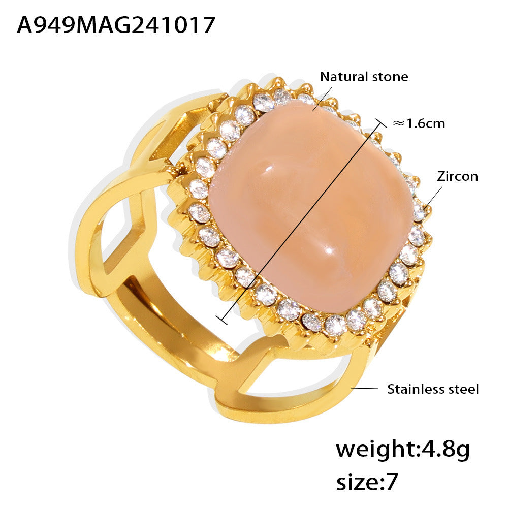 3A Zirconia Inlaid Natural Stone Open Ring Stainless Steel