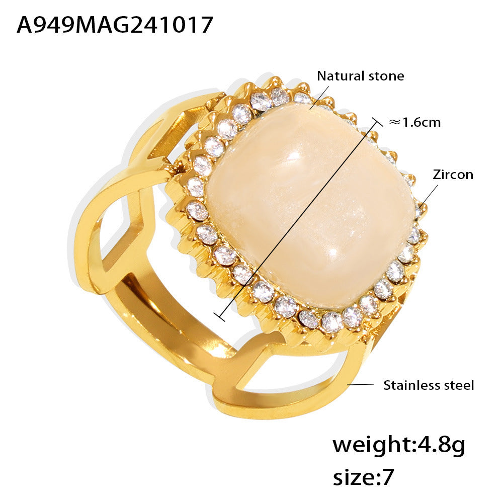 3A Zirconia Inlaid Natural Stone Open Ring Stainless Steel