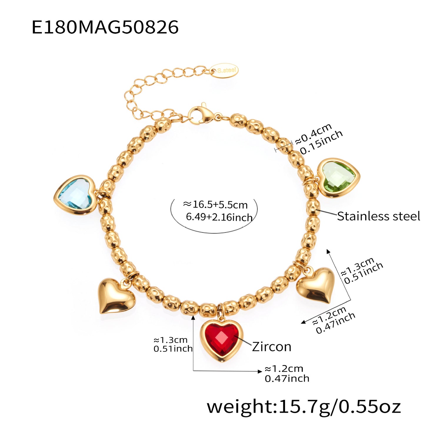 Vintage Heart Charms Stainless Steel Jewelry Bracelet
