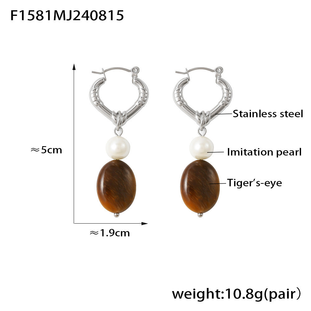 Heart Tassel Imitation Pearl Tiger Eye Stone Earrings Stainless Steel