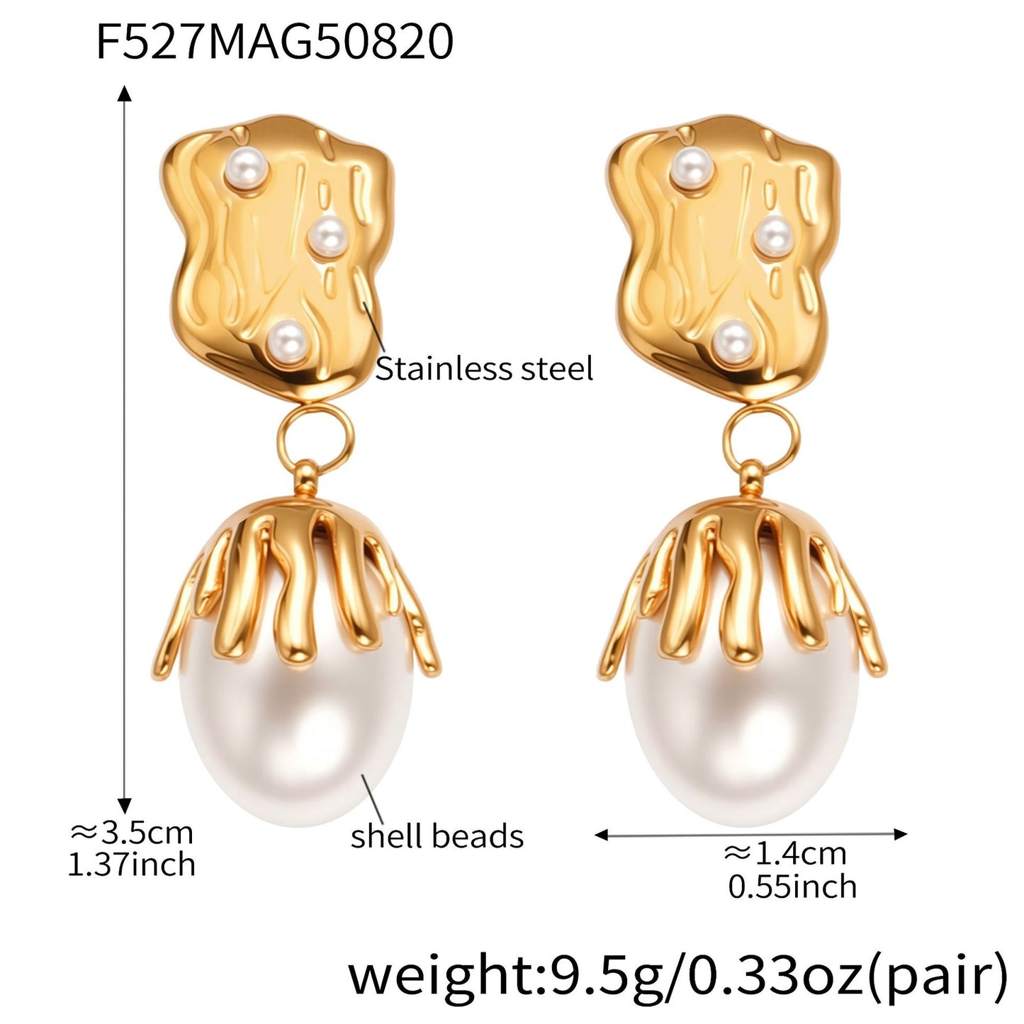18k Real Gold Shaped Baroque Imitation Pearl Pendant Earrings