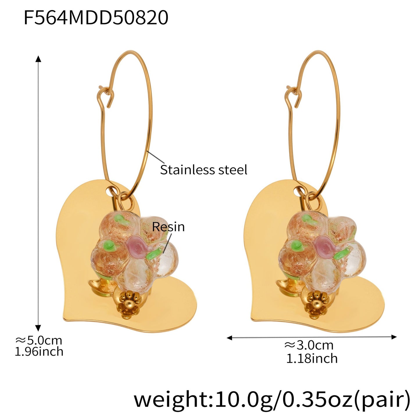 Glossy Heart Resin Flower Earrings PVD plated Stainless Steel