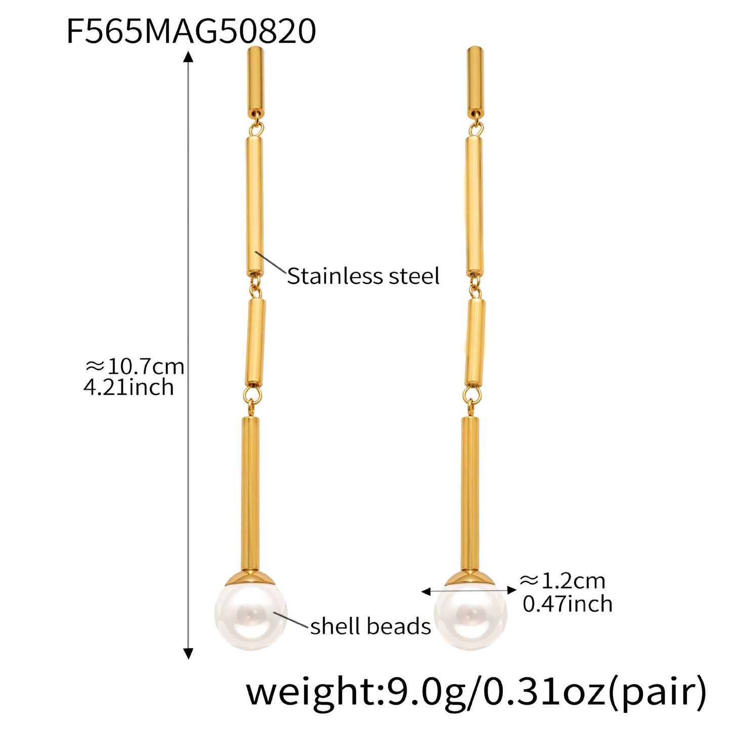 Pendientes largos de tubo redondo con cuentas de concha de alta calidad y brillo.