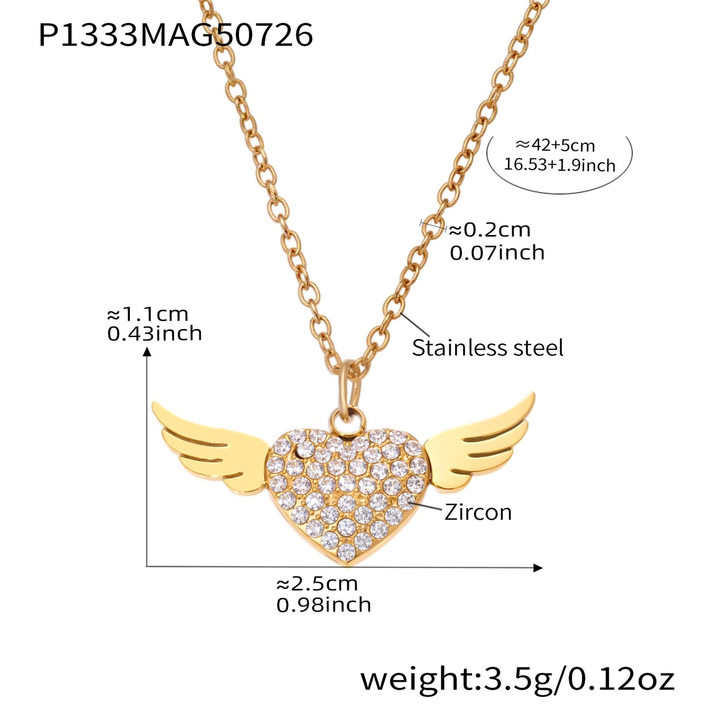 Full Diamond Zeart Zircon Wing Double Clavicle Necklace Stainless Steel
