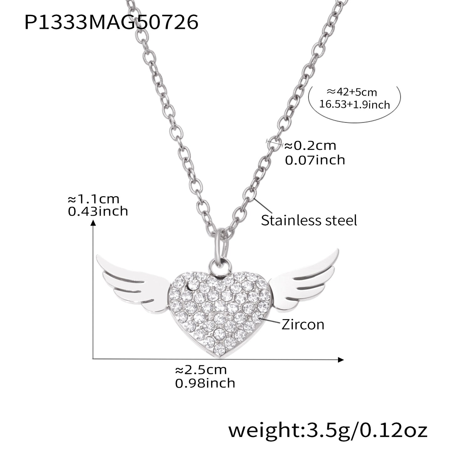 Full Diamond Zeart Zircon Wing Double Clavicle Necklace Stainless Steel