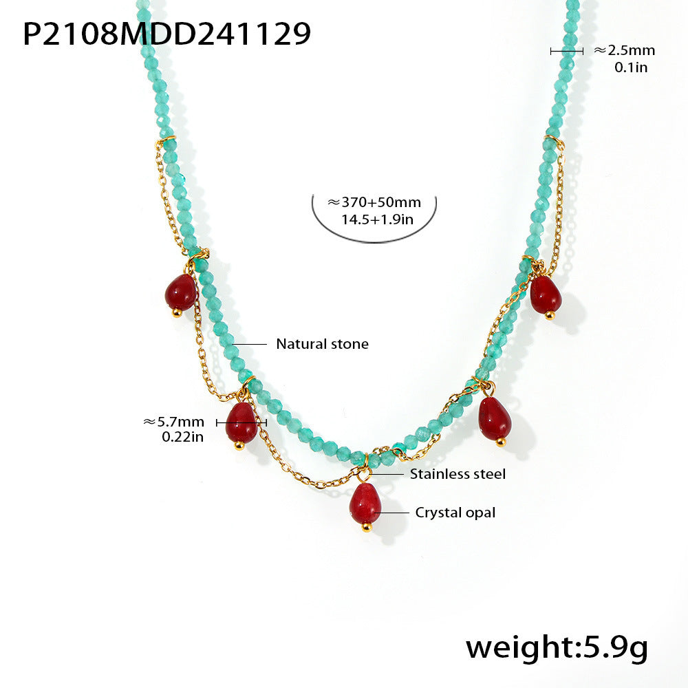 Natural Stone Hand-Beaded Teardrop Cat's Eye Necklace